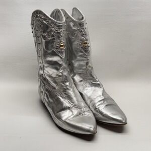 VTG 80s Zodiac Funky Futuristic Metallic Silver  Space Cowboy Ankle Boots‎ 7M